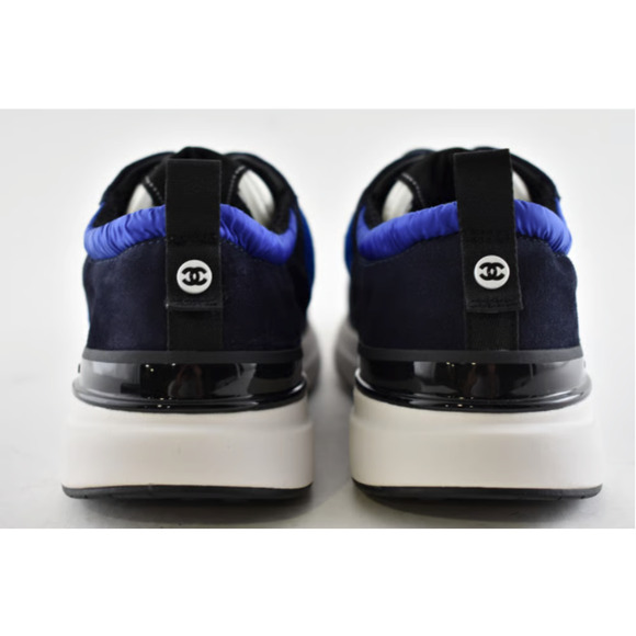 Chanel 21K Blue Suede White CC Logo Lace Up Tie Flat Runner Trainer Sneaker 39.5 - Picture 2 of 11